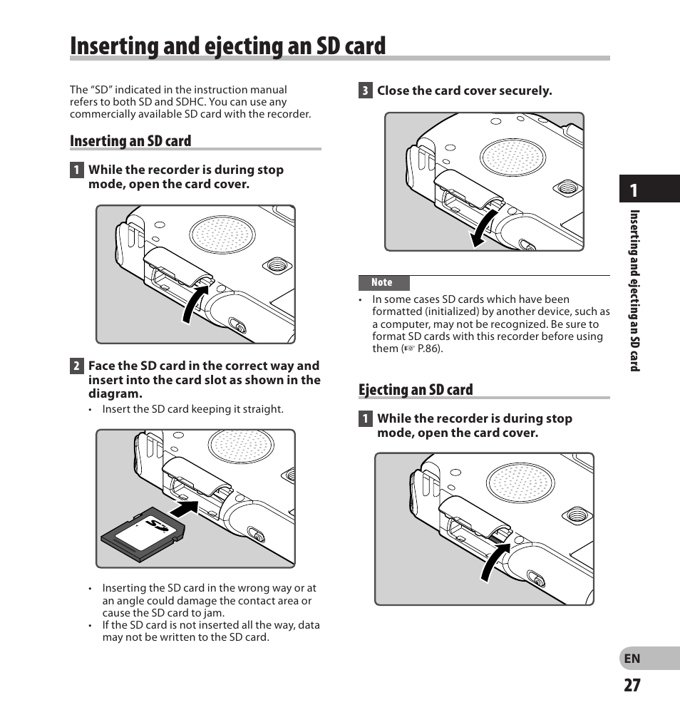 Inserting and ejecting an sd card, Ejecting an sd card, Inserting an sd card | Olympus LS-20M User Manual | Page 27 / 108
