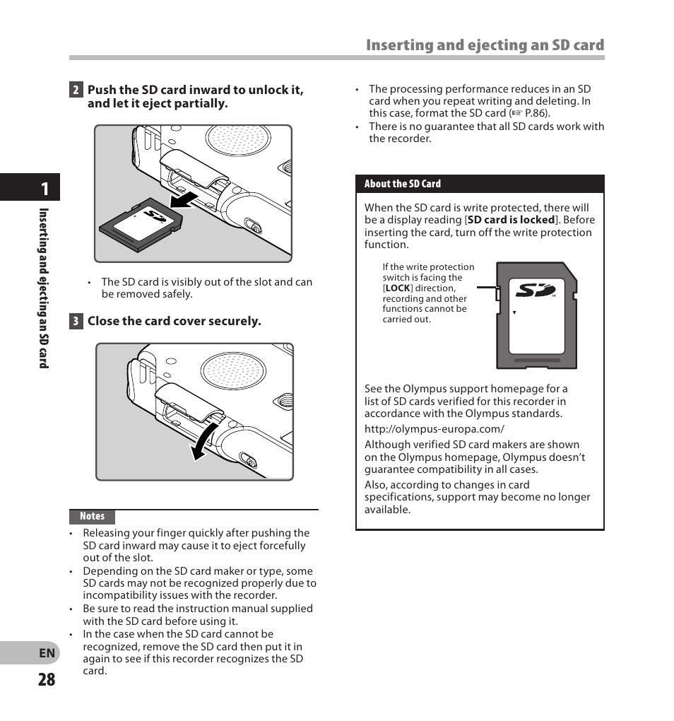 Inserting an sd card, Inserting and ejecting an sd card | Olympus LS-20M User Manual | Page 28 / 108