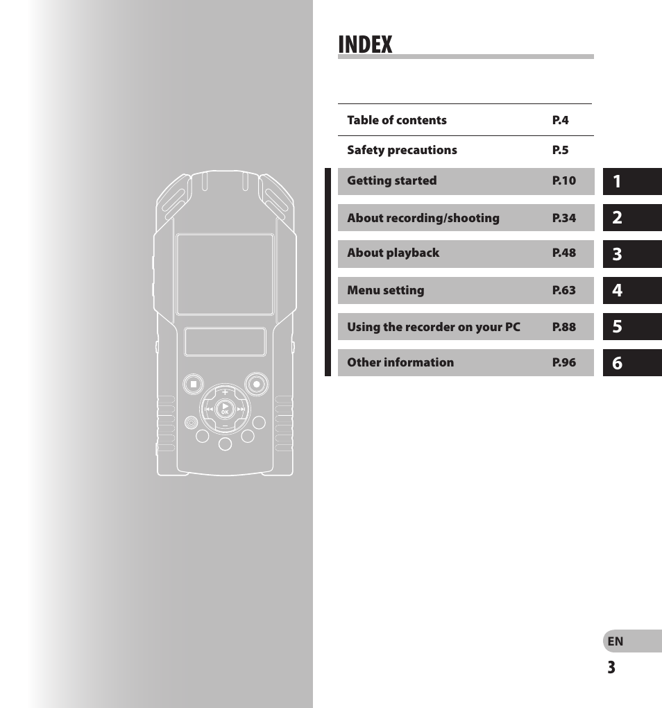 Index | Olympus LS-20M User Manual | Page 3 / 108