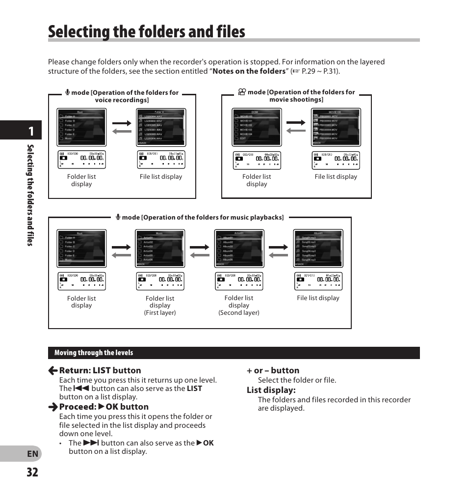 Selecting.the.folders.and.files, Selecting the folders and files | Olympus LS-20M User Manual | Page 32 / 108