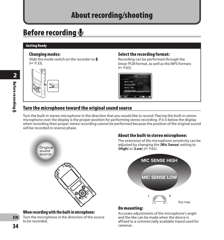About recording, About recording /shooting before recording a | Olympus LS-20M User Manual | Page 34 / 108