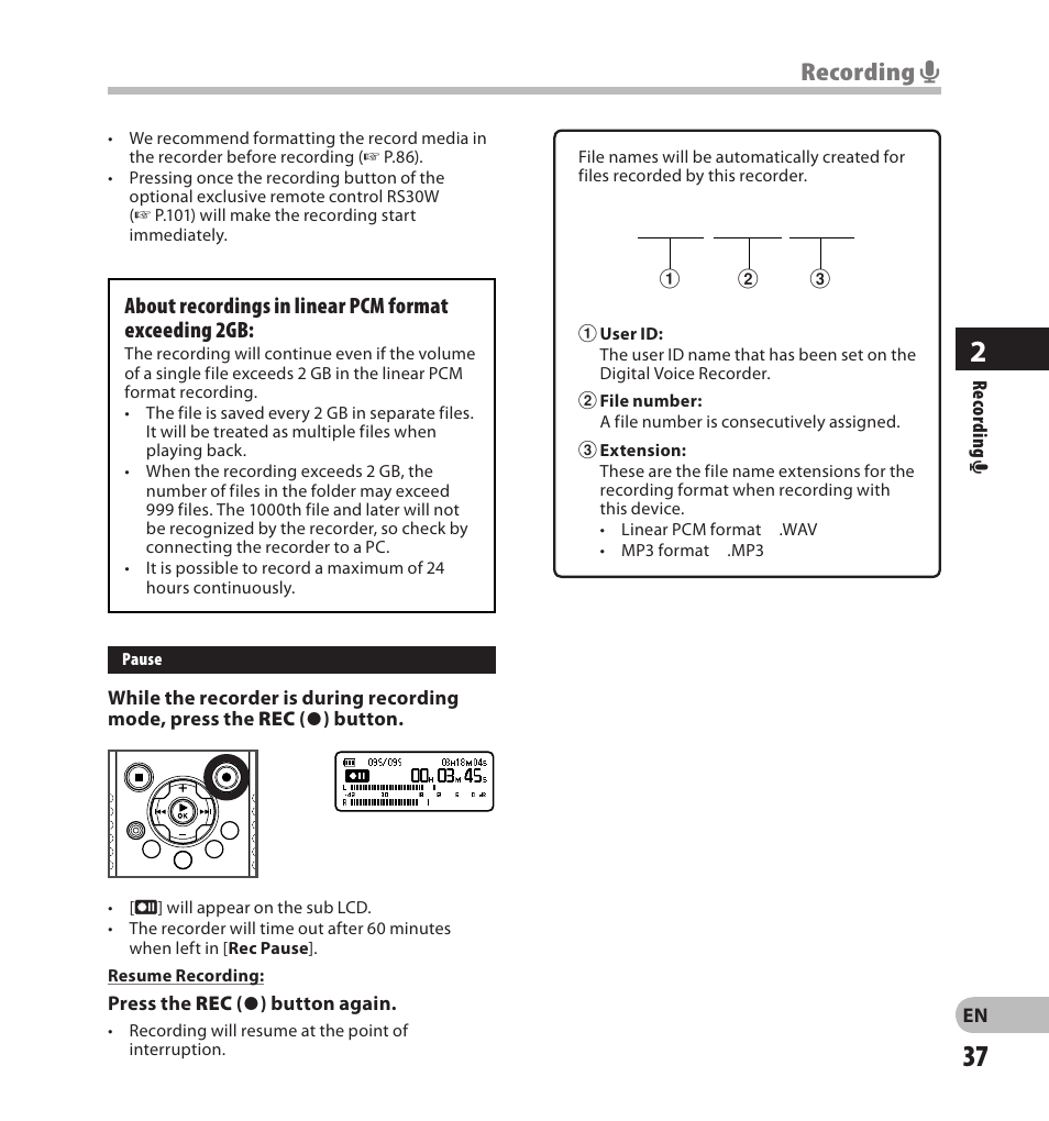 Recording a | Olympus LS-20M User Manual | Page 37 / 108