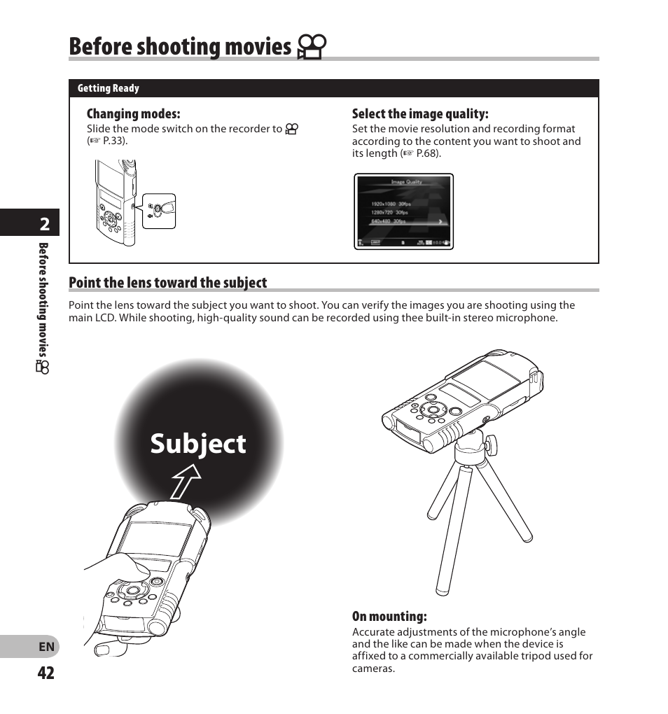 Subject, Before shooting movies n | Olympus LS-20M User Manual | Page 42 / 108