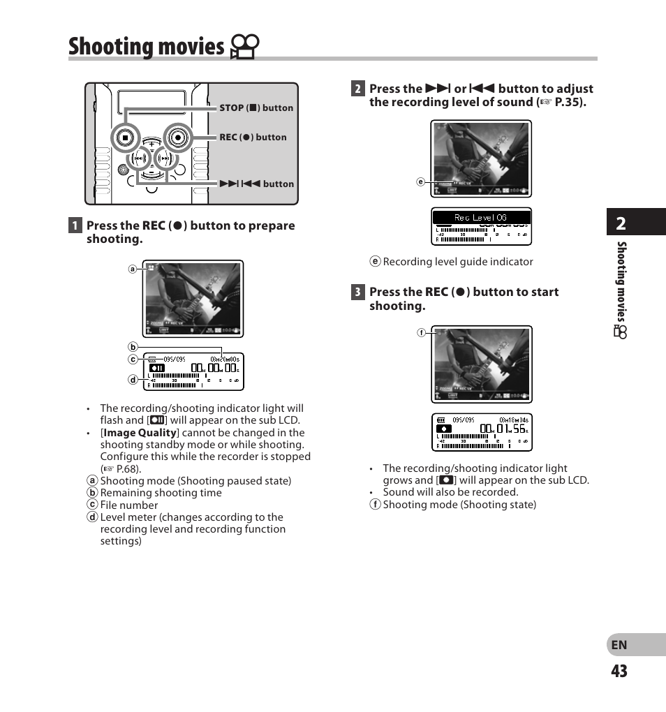 Shooting movies n | Olympus LS-20M User Manual | Page 43 / 108