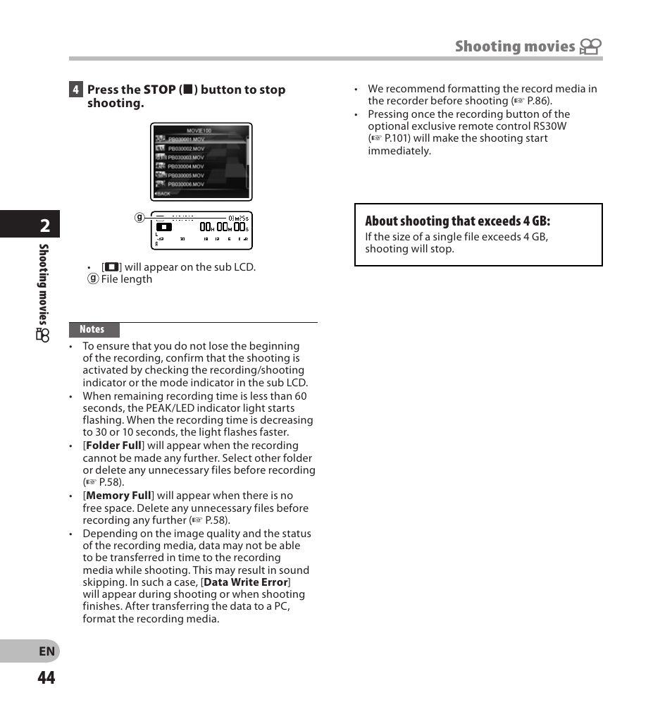 Shooting movies n | Olympus LS-20M User Manual | Page 44 / 108