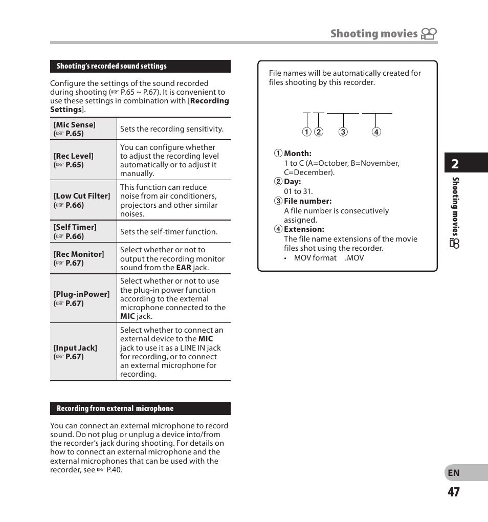 Shooting movies n | Olympus LS-20M User Manual | Page 47 / 108