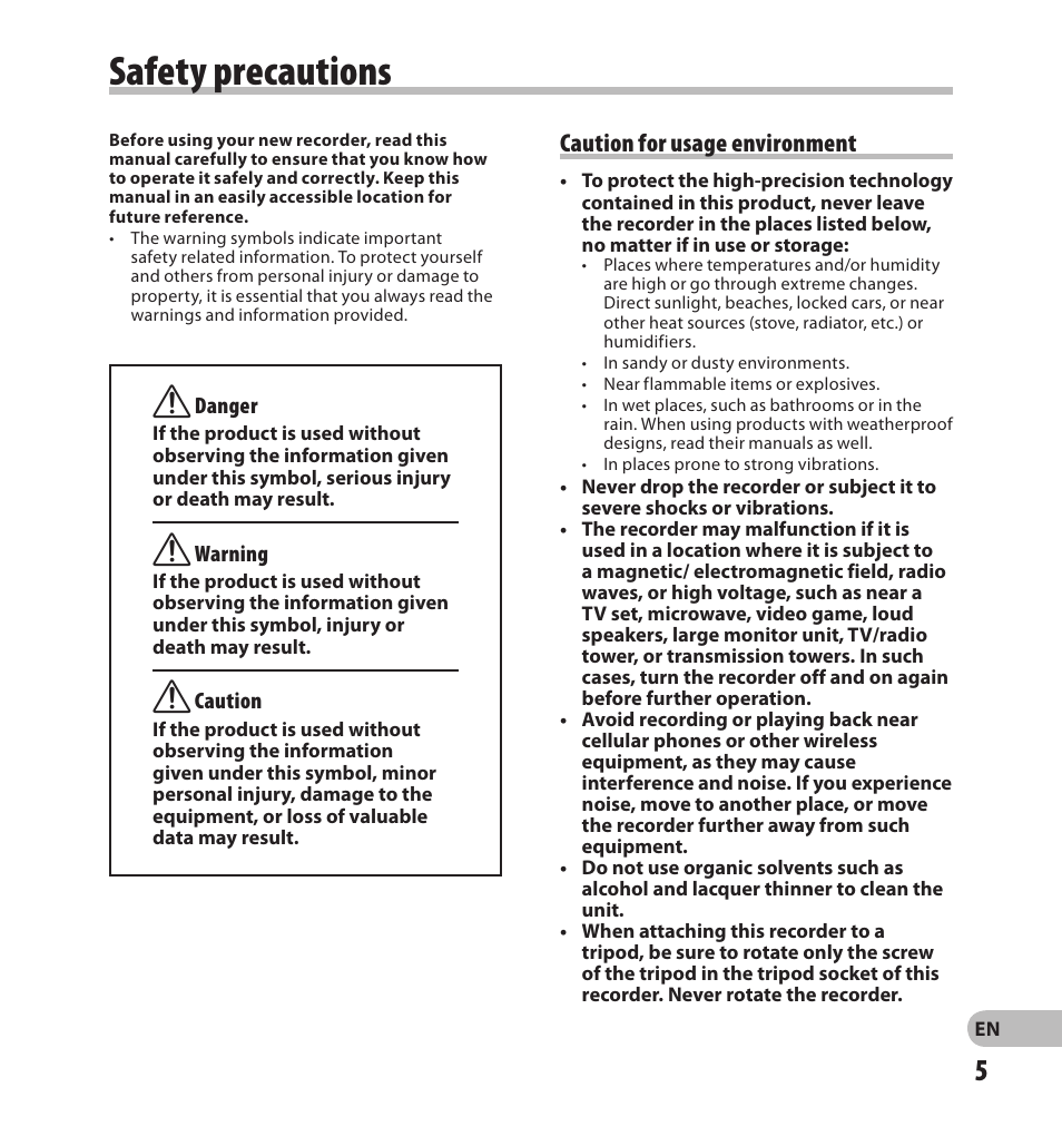 S safety.precautions, Safety precautions, Caution for usage environment | Olympus LS-20M User Manual | Page 5 / 108