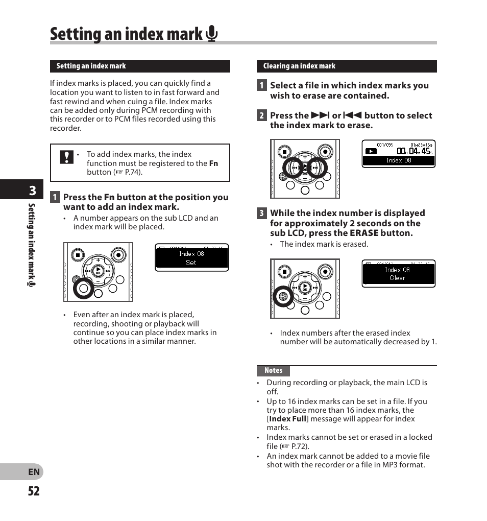 Setting an index mark a | Olympus LS-20M User Manual | Page 52 / 108