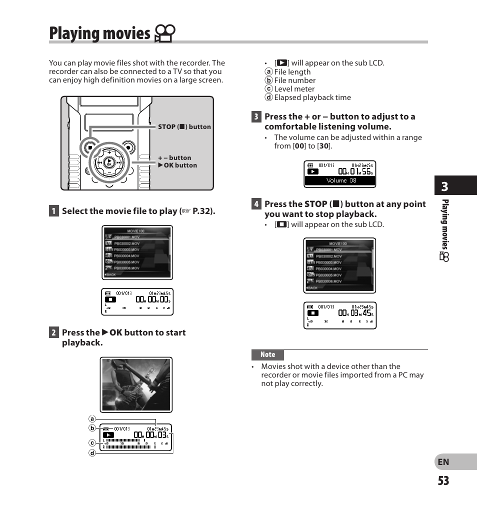 Playing movies n | Olympus LS-20M User Manual | Page 53 / 108