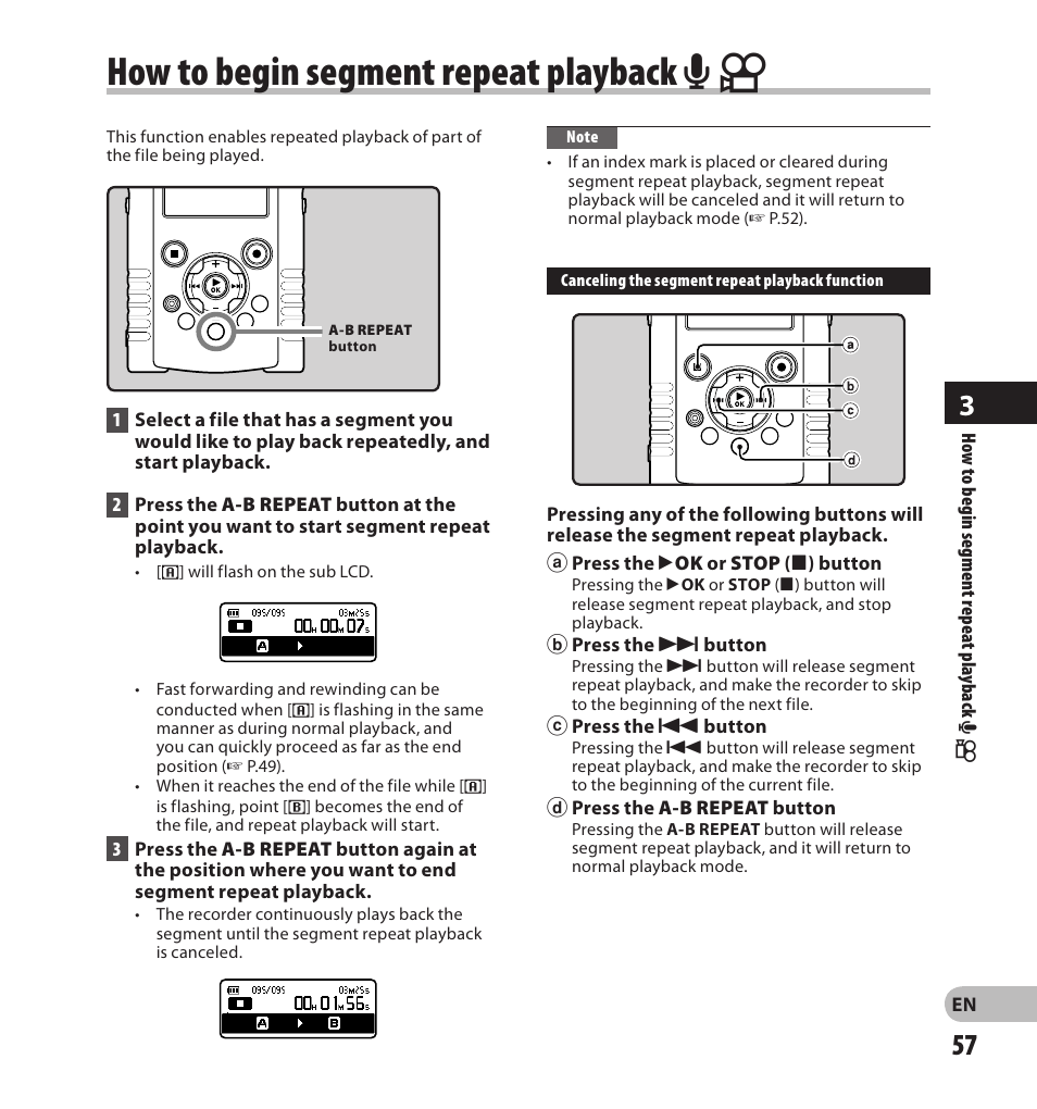 How to begin segment repeat playback a n | Olympus LS-20M User Manual | Page 57 / 108