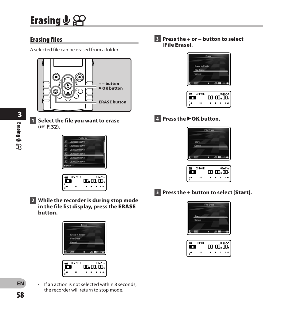 Erasing files, Erasing a n | Olympus LS-20M User Manual | Page 58 / 108