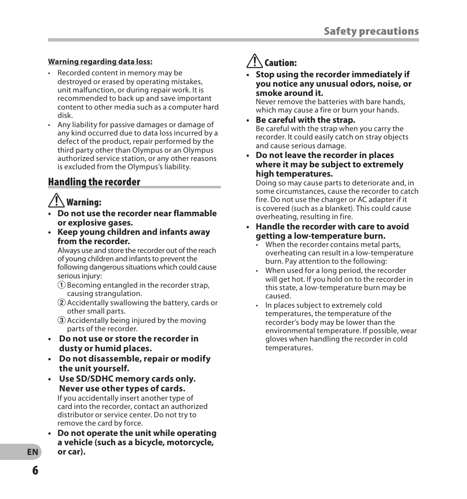 Handling the recorder, Safety precautions | Olympus LS-20M User Manual | Page 6 / 108