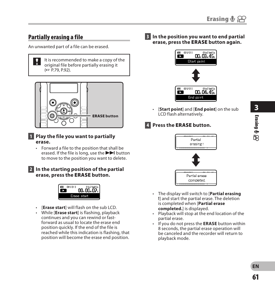 Erasing a n partially erasing a file | Olympus LS-20M User Manual | Page 61 / 108