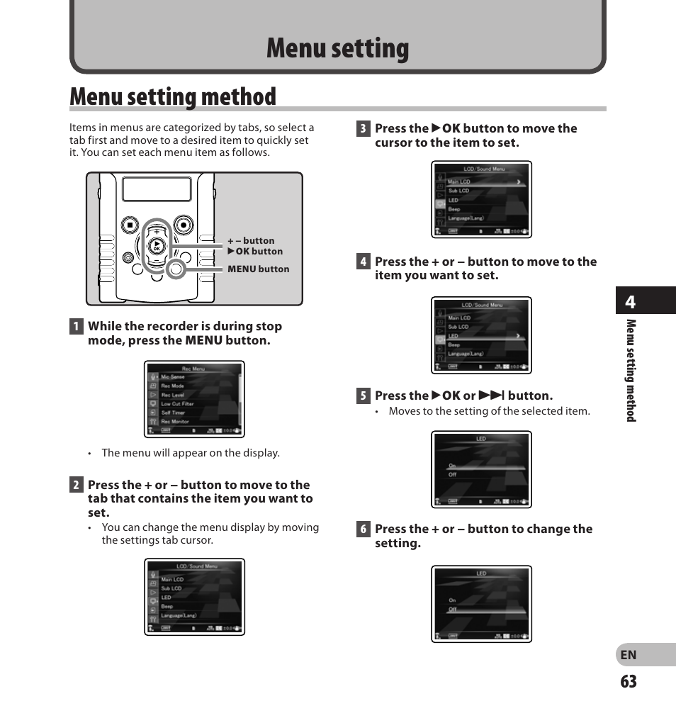 Menu setting, Menu.setting.method, Menu setting method | Olympus LS-20M User Manual | Page 63 / 108