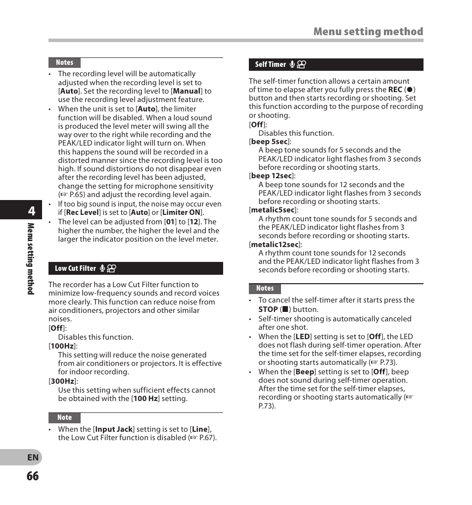 Menu setting method | Olympus LS-20M User Manual | Page 66 / 108