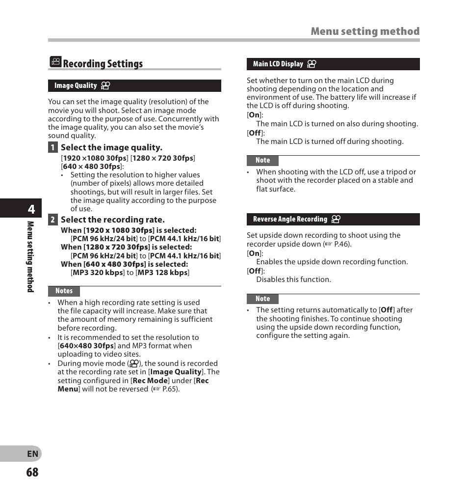 J recording settings, Menu setting method | Olympus LS-20M User Manual | Page 68 / 108
