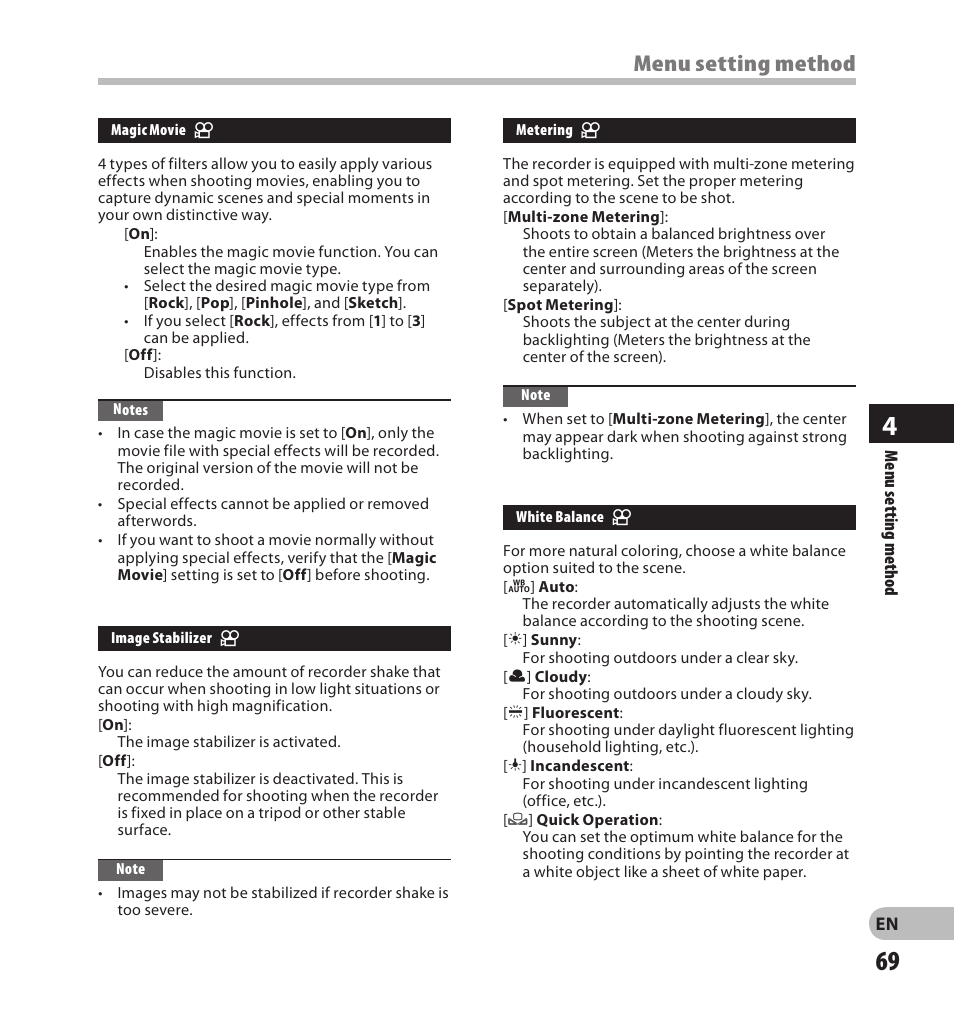 Menu setting method | Olympus LS-20M User Manual | Page 69 / 108