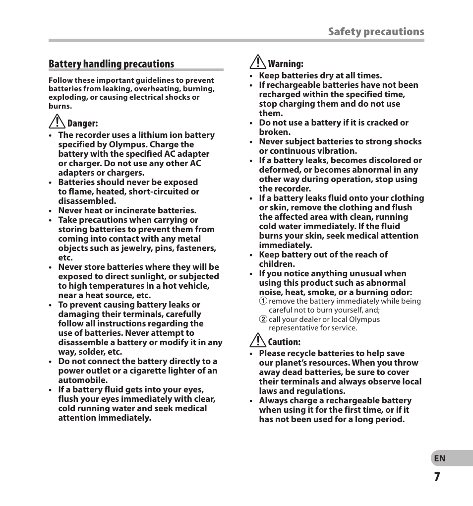 Battery handling precautions, Safety precautions | Olympus LS-20M User Manual | Page 7 / 108