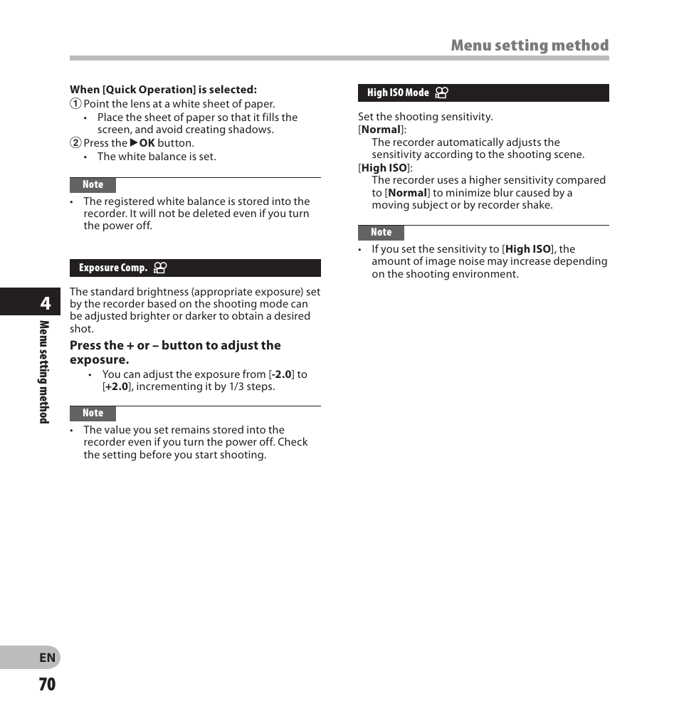 Menu setting method | Olympus LS-20M User Manual | Page 70 / 108