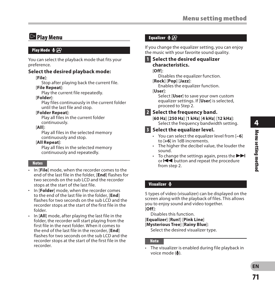 Play menu, Menu setting method | Olympus LS-20M User Manual | Page 71 / 108
