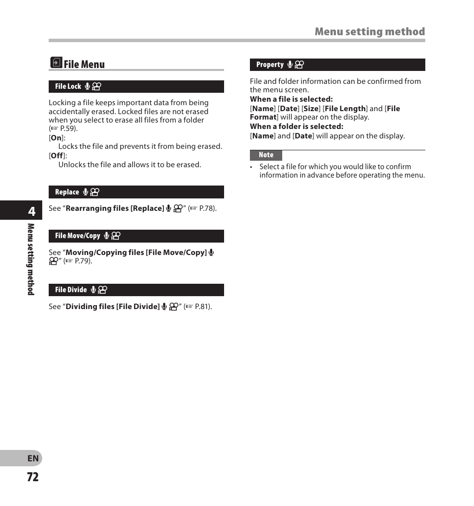 File menu, Menu setting method | Olympus LS-20M User Manual | Page 72 / 108