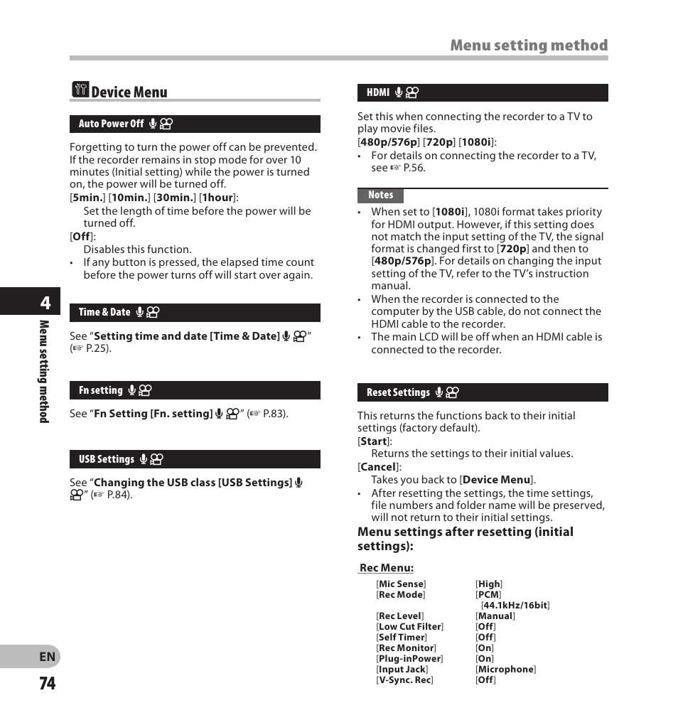 E device menu, Menu setting method | Olympus LS-20M User Manual | Page 74 / 108