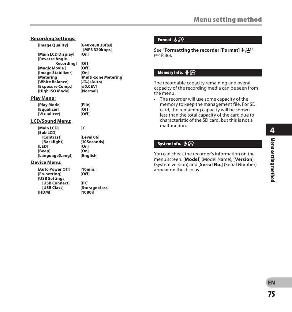 Play.menu, Menu setting method | Olympus LS-20M User Manual | Page 75 / 108