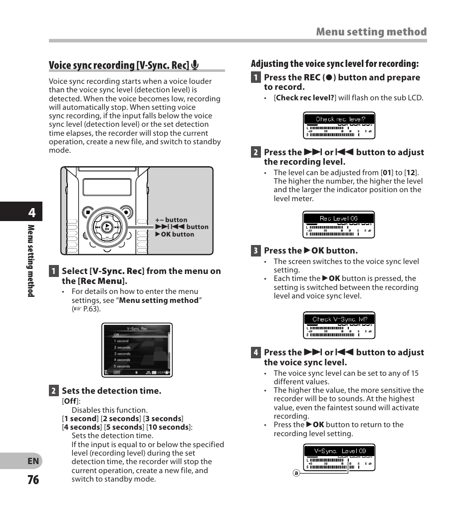 Voice sync recording [v-sync. rec] a, Menu setting method | Olympus LS-20M User Manual | Page 76 / 108