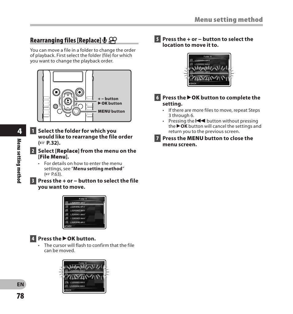 Rearranging files [replace] a n, Menu setting method | Olympus LS-20M User Manual | Page 78 / 108