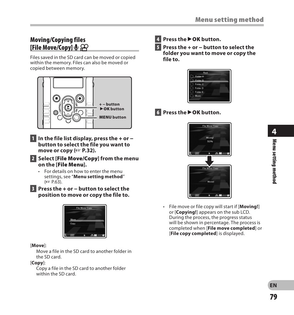Moving/copying files [file move/copy] a n, Menu setting method | Olympus LS-20M User Manual | Page 79 / 108