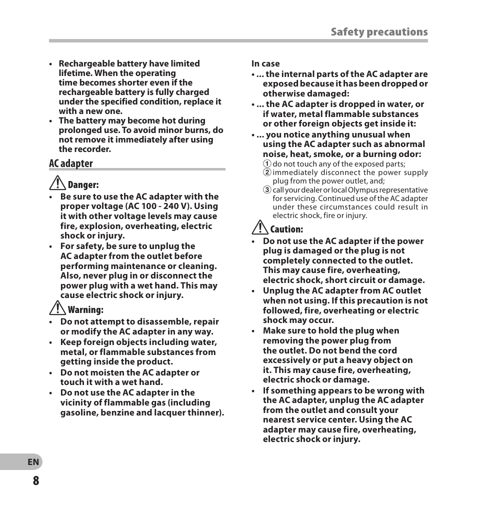 Ac.adapter, Safety precautions | Olympus LS-20M User Manual | Page 8 / 108
