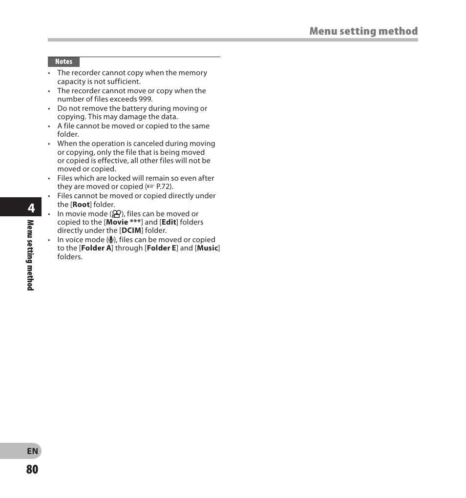 Moving/copying files [file move/copy] a, Menu setting method | Olympus LS-20M User Manual | Page 80 / 108