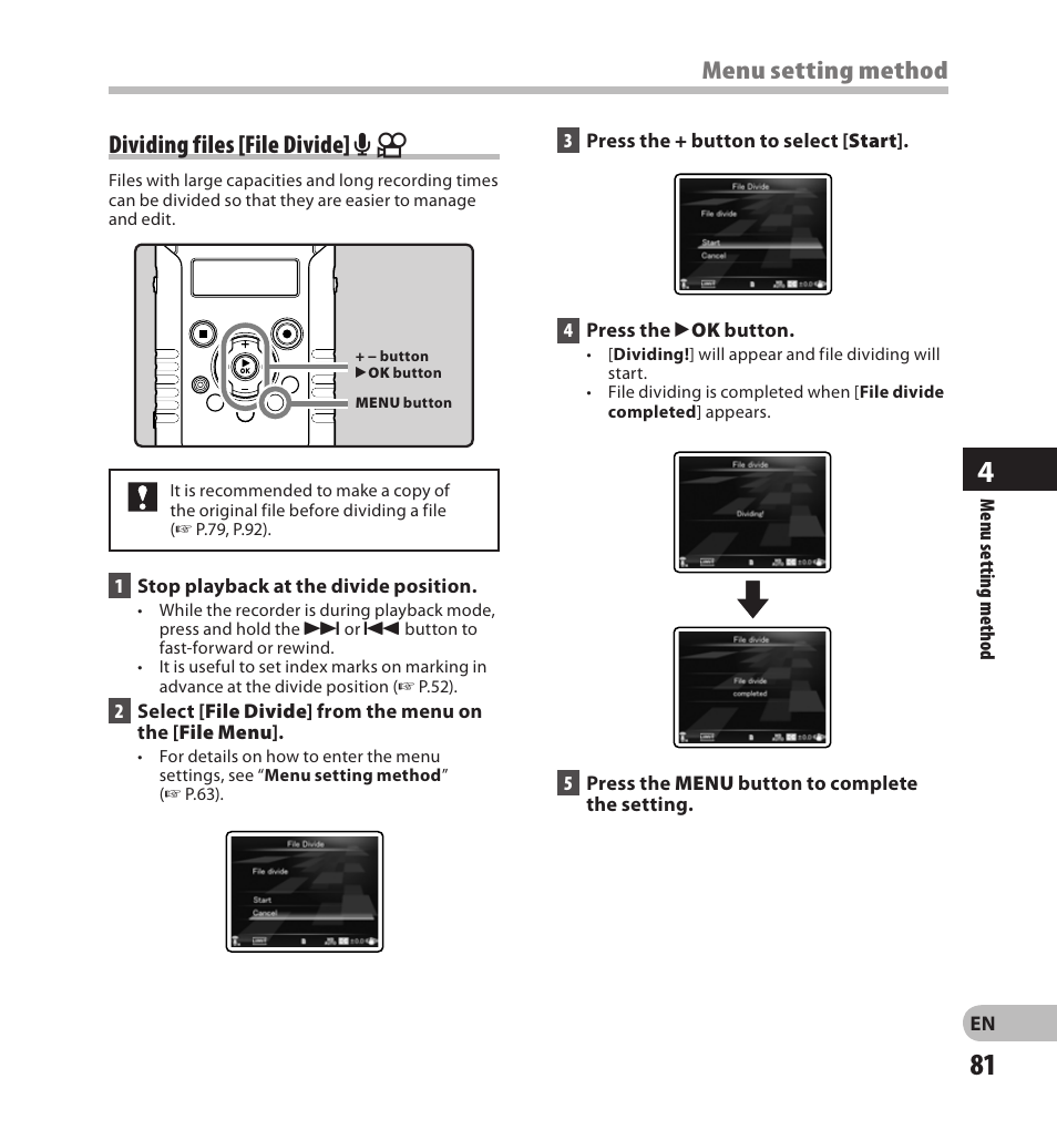 Dividing files [file divide] a n, Menu setting method | Olympus LS-20M User Manual | Page 81 / 108