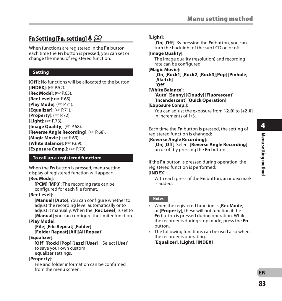 Fn setting [fn. setting] a n, Menu setting method | Olympus LS-20M User Manual | Page 83 / 108