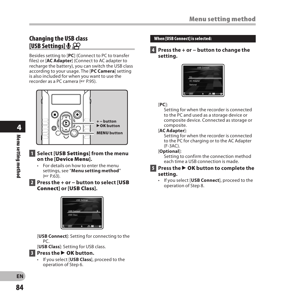 Changing the usb class [usb settings] a n, Menu setting method | Olympus LS-20M User Manual | Page 84 / 108