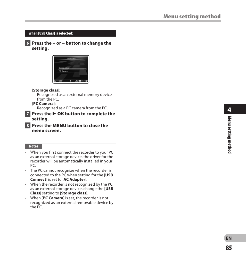 Menu setting method | Olympus LS-20M User Manual | Page 85 / 108