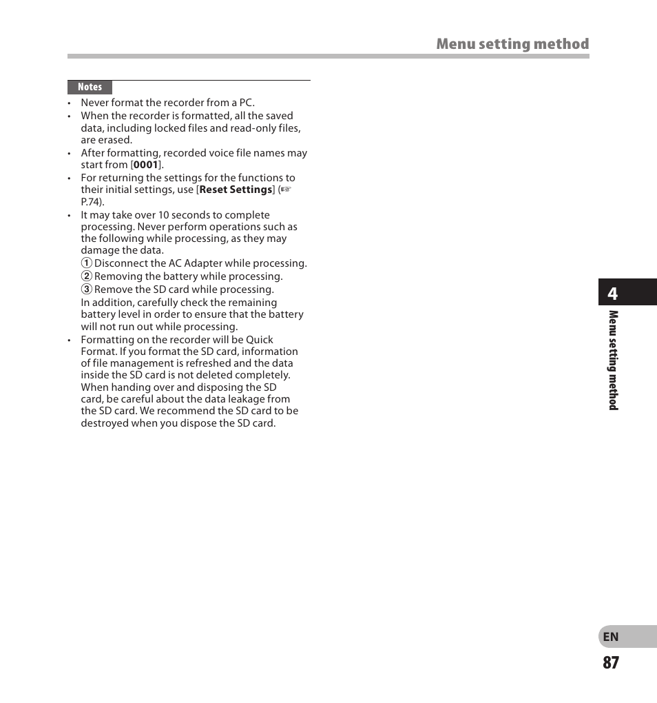 Menu setting method | Olympus LS-20M User Manual | Page 87 / 108
