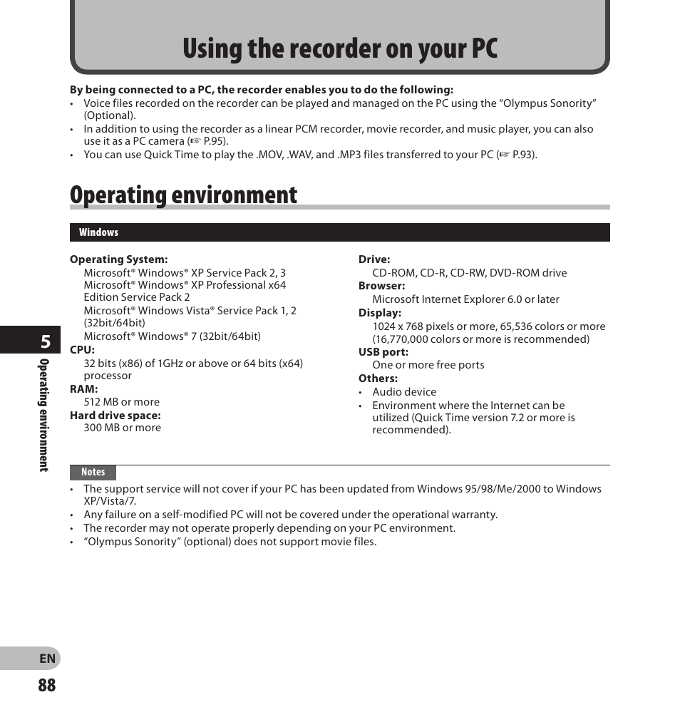 Using the recorder on your pc, Operating environment | Olympus LS-20M User Manual | Page 88 / 108