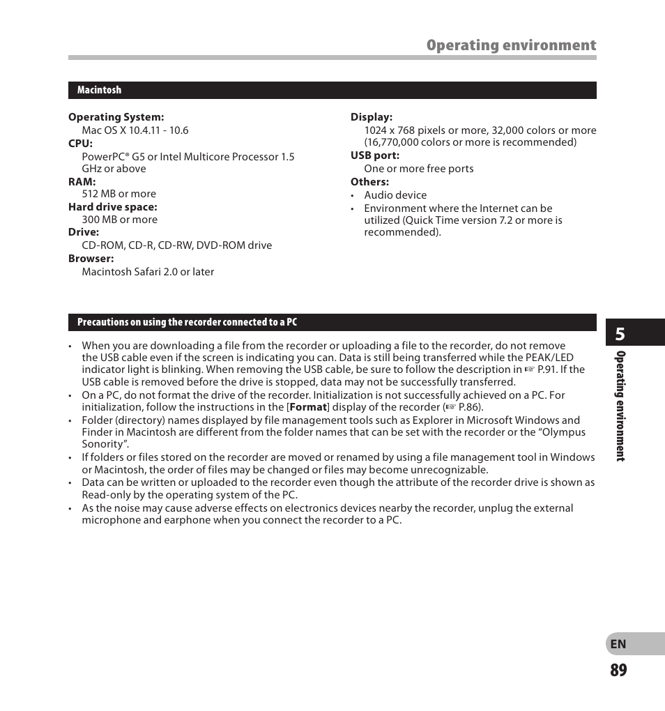 Changing the usb class [usb settings] a, Operating environment | Olympus LS-20M User Manual | Page 89 / 108