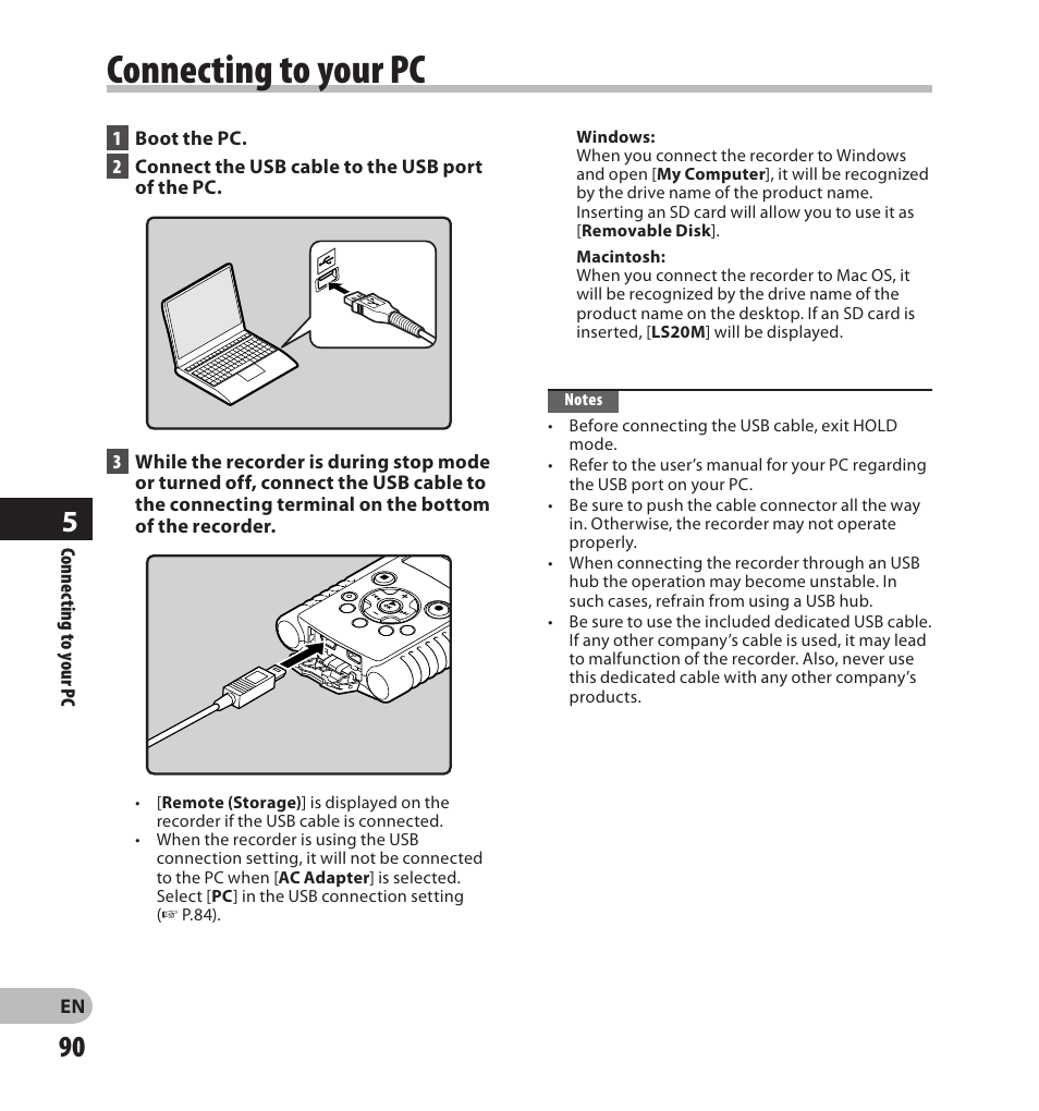Formatting the recorder [format] a, Connecting to your pc | Olympus LS-20M User Manual | Page 90 / 108