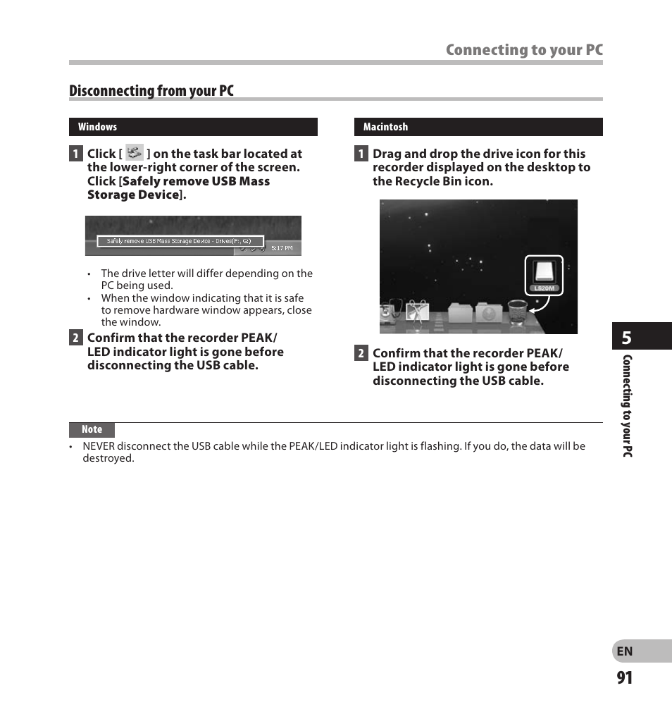 Disconnecting from your pc, Connecting to your pc | Olympus LS-20M User Manual | Page 91 / 108
