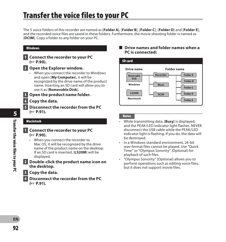 Transfer the voice files to your pc | Olympus LS-20M User Manual | Page 92 / 108