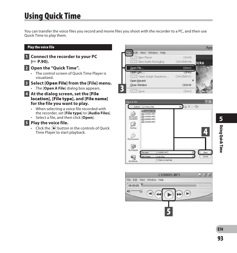 Using the recorder on your pc, Operating.environment, Using quick time | Olympus LS-20M User Manual | Page 93 / 108