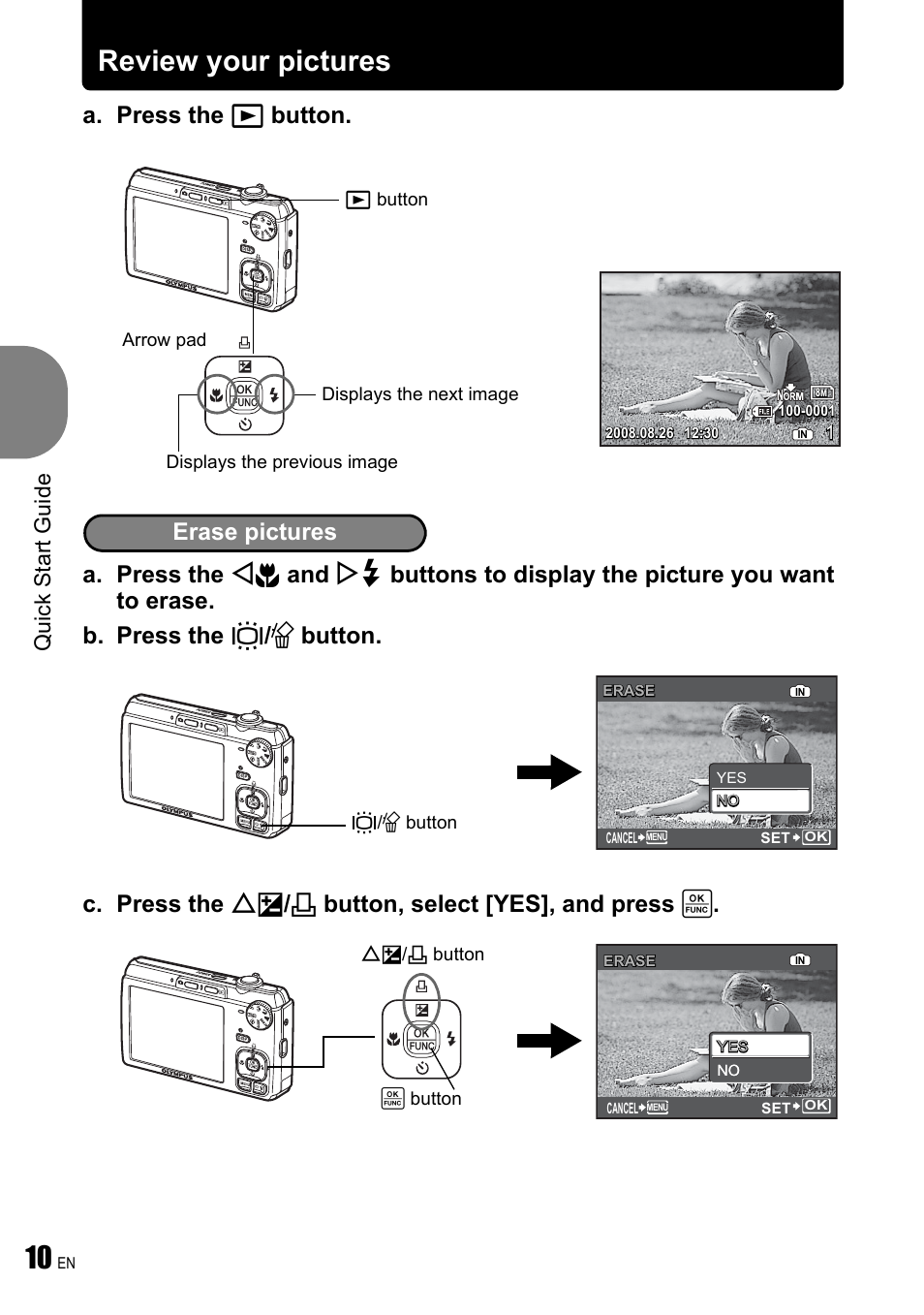 Review your pictures, Erase pictures, Qu ic k s ta rt gu id e | Olympus FE-340 User Manual | Page 10 / 64
