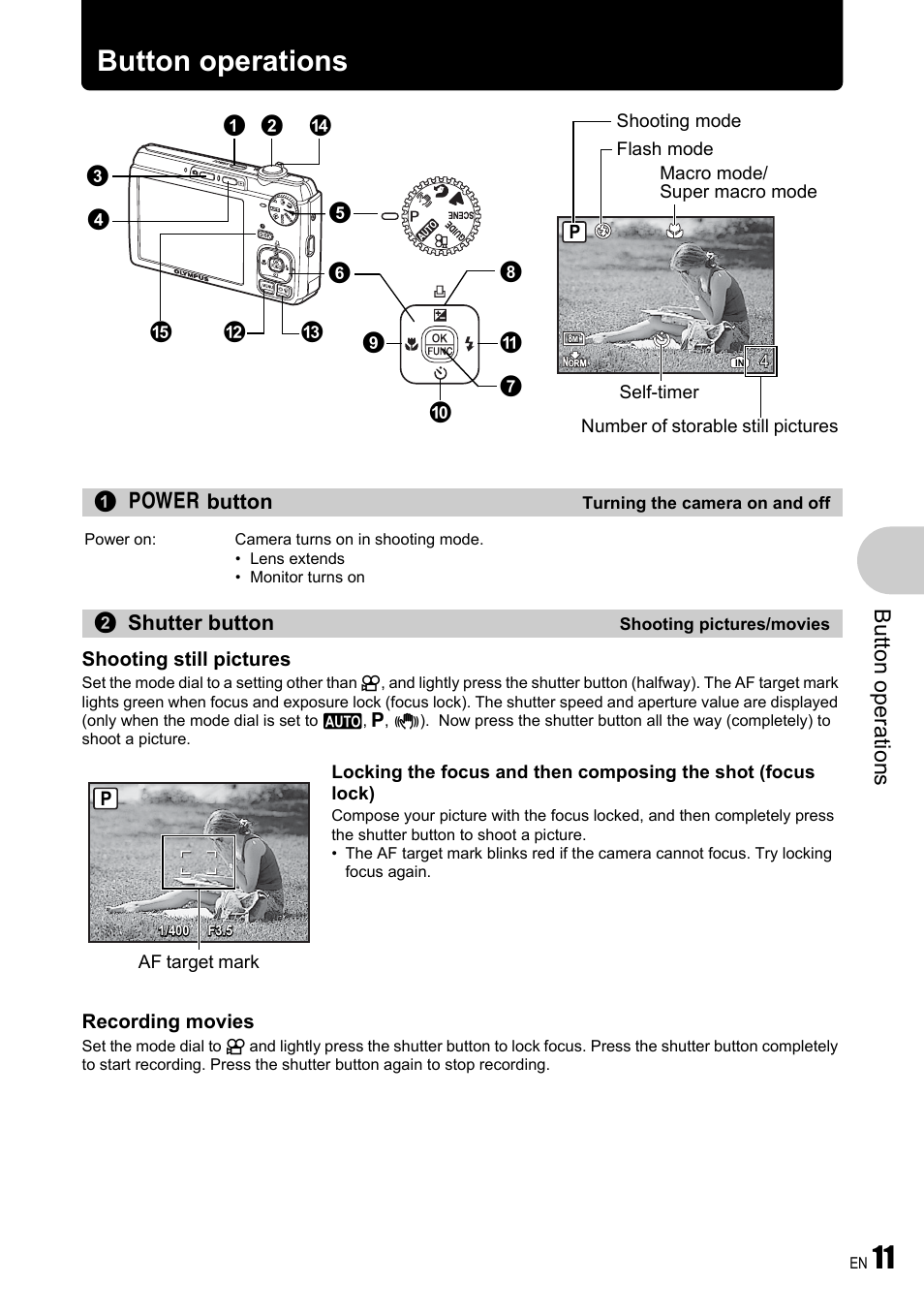 Button operations, Turning the camera on and off, Shooting pictures/movies | P. 11, Butt on op erati o ns | Olympus FE-340 User Manual | Page 11 / 64