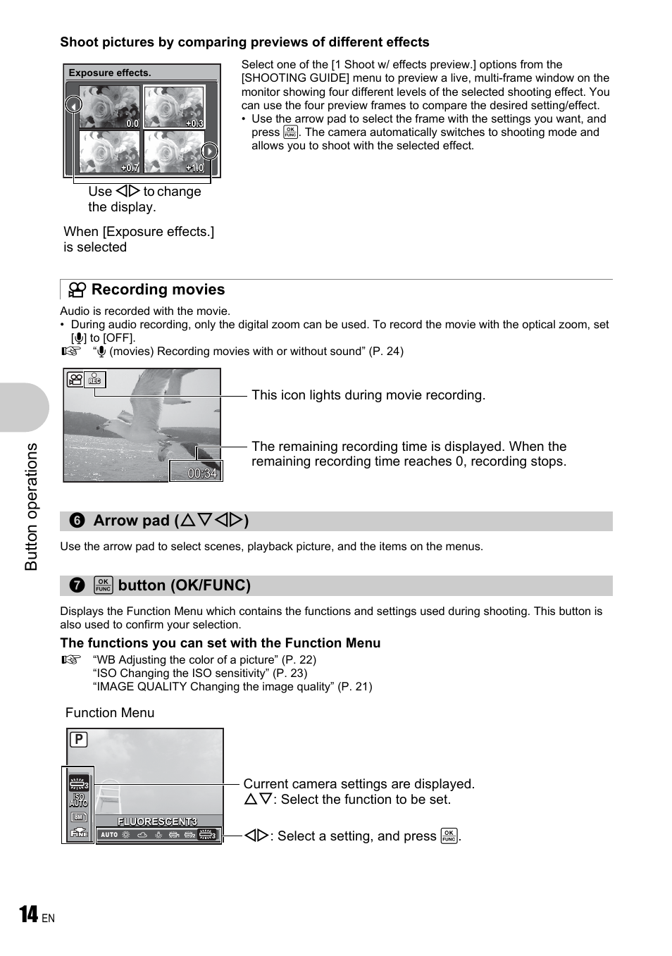 Recording movies, Arrow pad, Ok/func button | But to n o perat io ns | Olympus FE-340 User Manual | Page 14 / 64