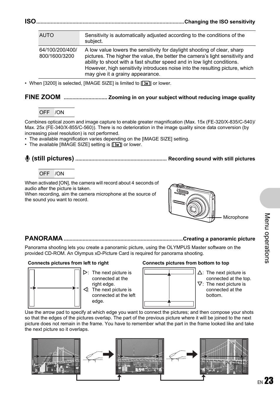 Changing the iso sensitivity, Recording sound with still pictures, Creating a panoramic picture | Iso changing the iso sensitivity” (p. 23), P. 23, Me nu opera tions | Olympus FE-340 User Manual | Page 23 / 64