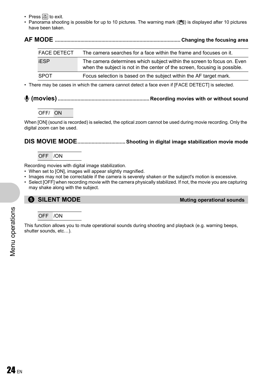 Changing the focusing area, Recording movies with or without sound, Shooting in digital image stabilization movie mode | Muting operational sounds, P. 24, Menu ope rati ons | Olympus FE-340 User Manual | Page 24 / 64