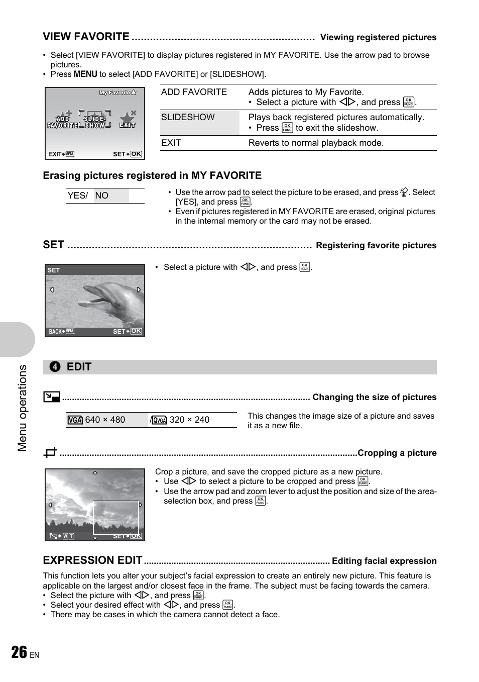 Viewing registered pictures, Registering favorite pictures, Edit | Changing the size of pictures, Cropping a picture, Editing facial expression, Menu ope rati ons, View favorite, Edit q, Expression edit | Olympus FE-340 User Manual | Page 26 / 64