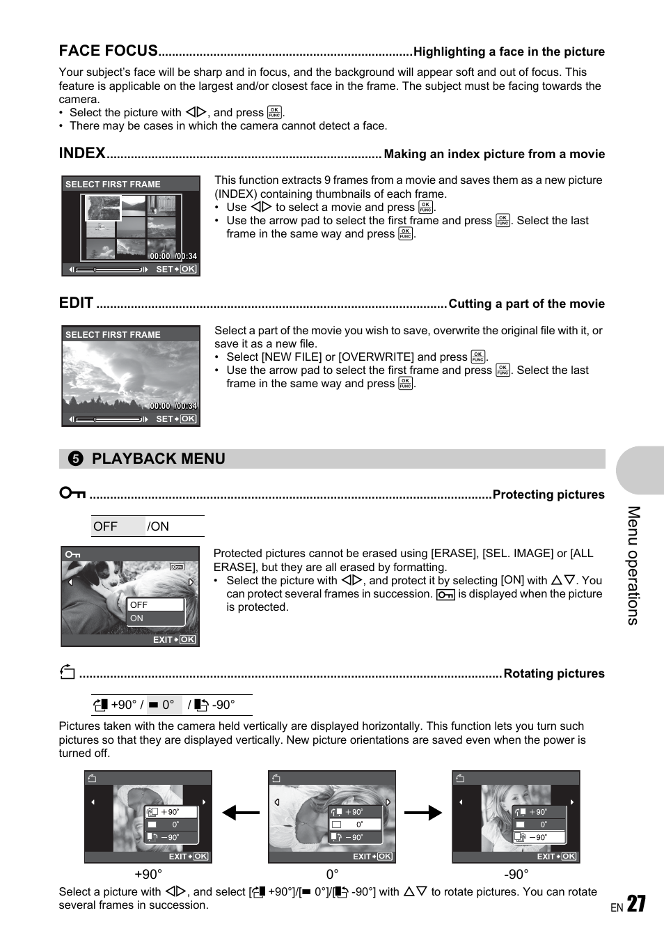 Highlighting a face in the picture, Making an index picture from a movie, Cutting a part of the movie | Playback menu, Protecting pictures, Rotating pictures, Me nu opera tions, Face focus, Index, Edit | Olympus FE-340 User Manual | Page 27 / 64